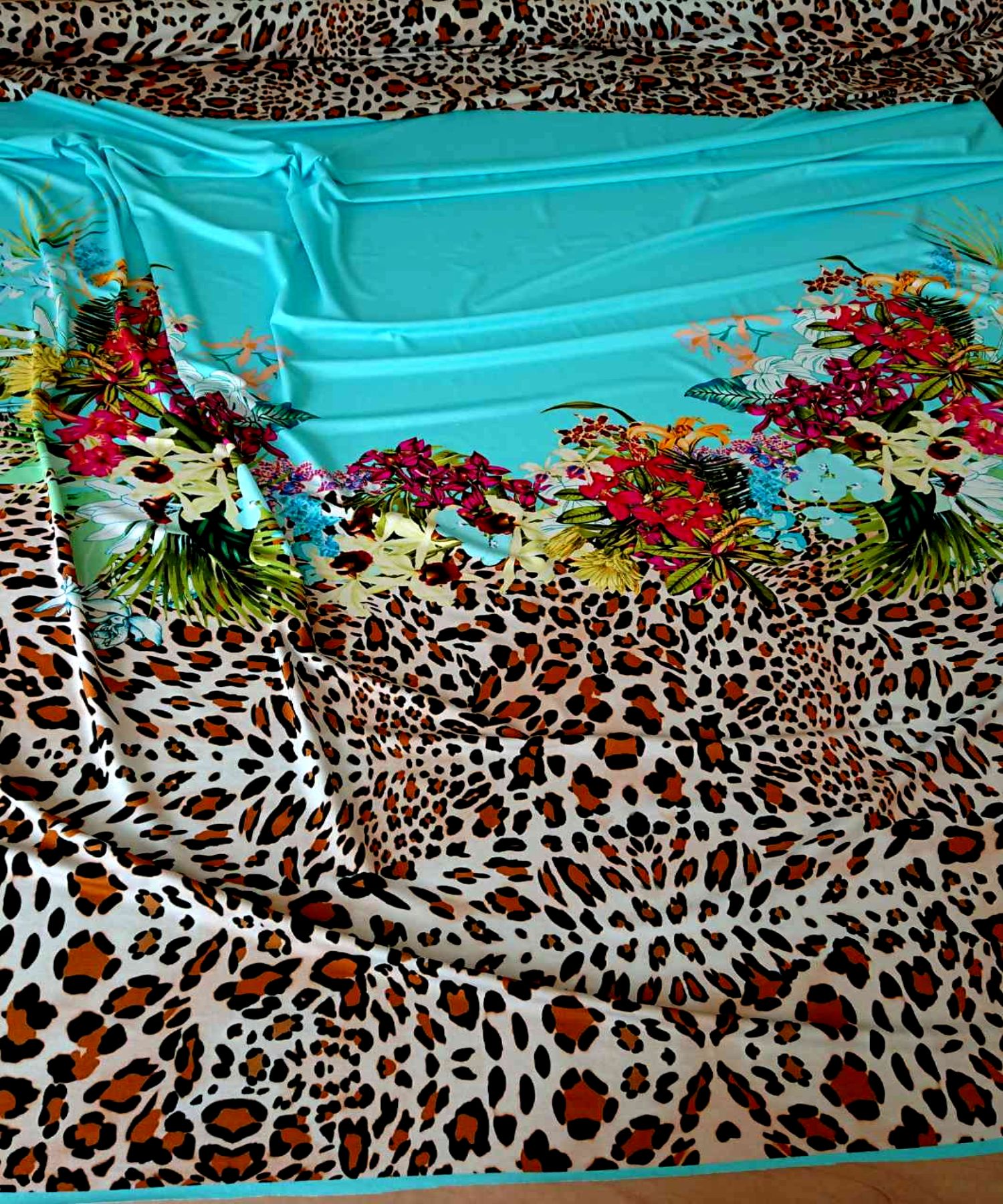 трикотаж купоны голубой цветы леопард вискоза